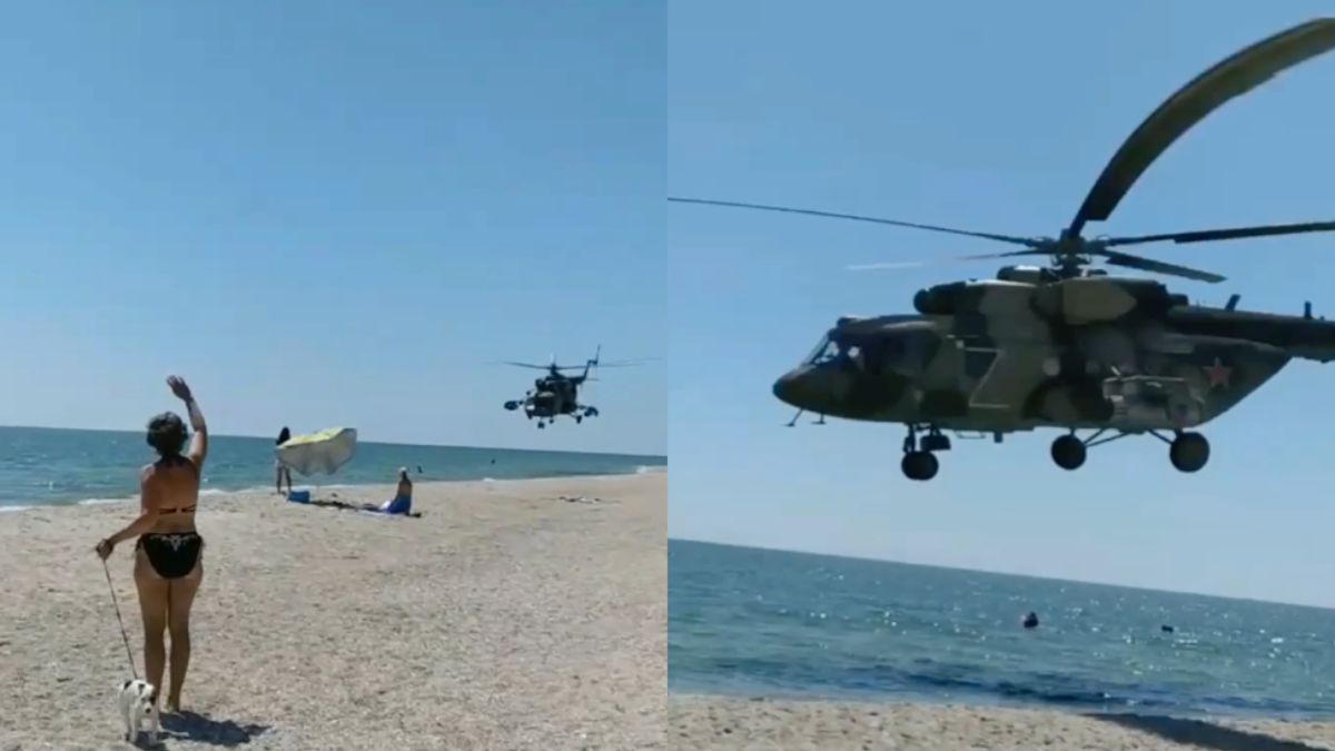 Russische gevechtshelikopters geen probleem voor badgasten op Oekraïens strand