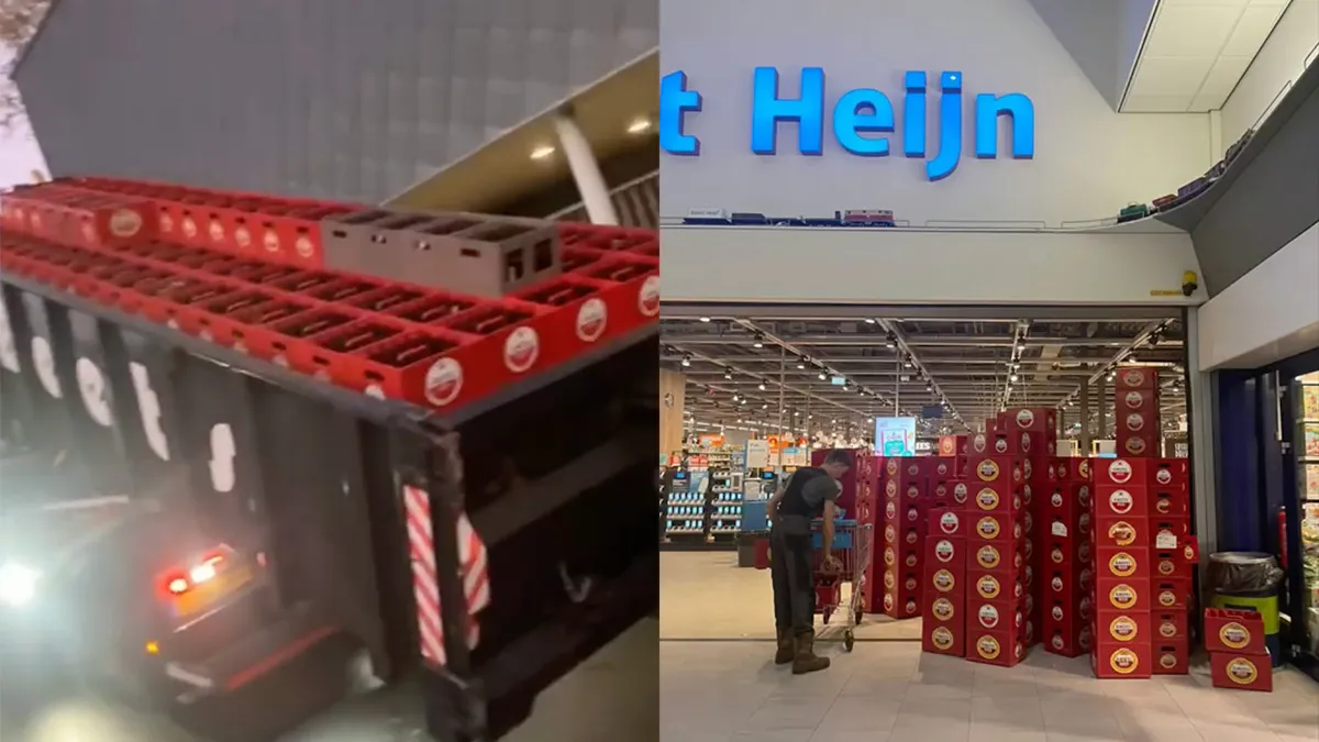 Boeren van Amstel brengen lege kratjes terug naar supermarkt Purmerend