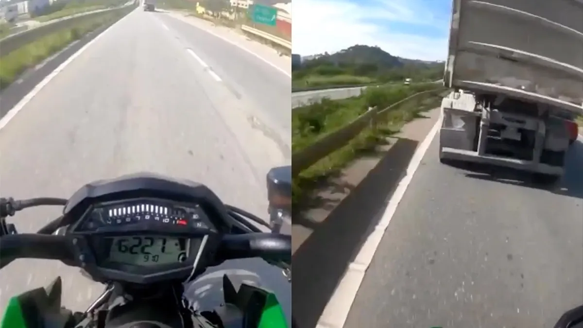 Motorrijder haalt met 220 km/u een vrachtwagen in en dat gaat net goed