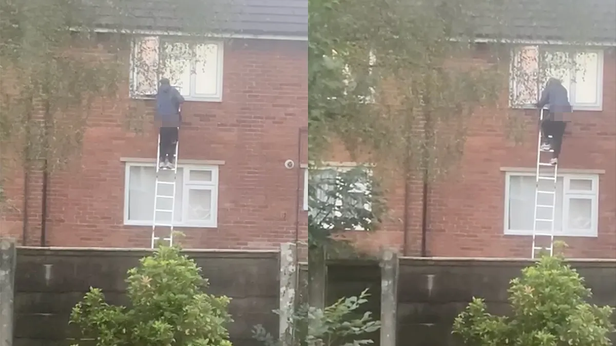 Overbuurman met afzakkende broek wil duidelijk niet via de voordeur naar binnen