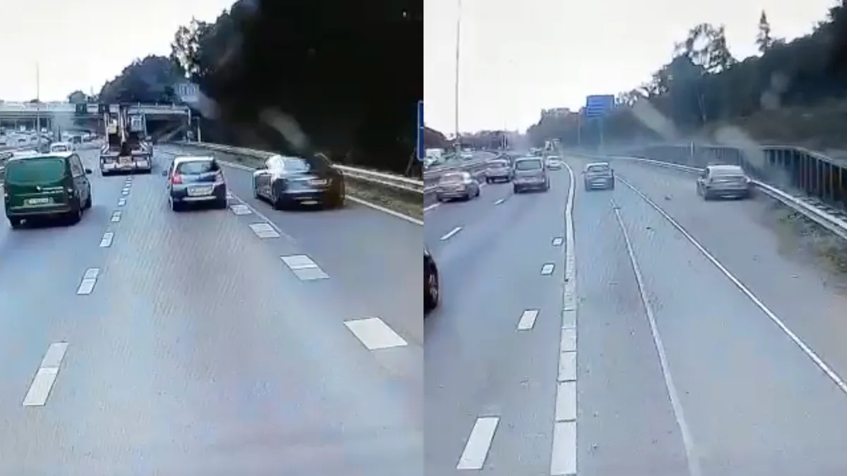 Tesla wil op A1 nog even invoegen, maar wordt opengereten door vrachtwagen