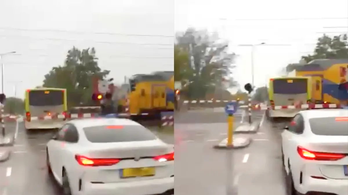 Beelden trein rijdt bus kapot op spoorwegovergang in Bergen op Zoom