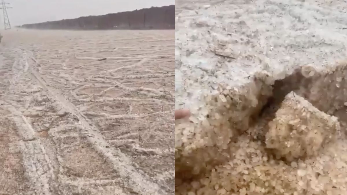 Rivier van hagel in Saudi-Arabië geeft wel een gaaf effect