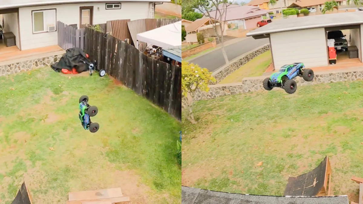 Radiografisch bestuurbare auto vliegt over de daken