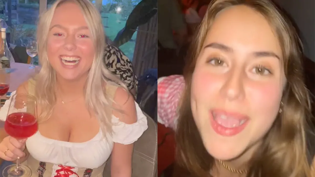 Vriendinnengroep doet eerste vs laatste drankje op Oktoberfest feestje