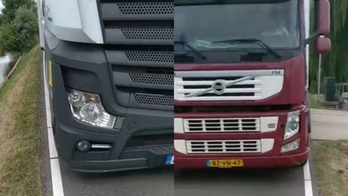 Vrachtwagenchauffeurs lijnrecht tegenover elkaar