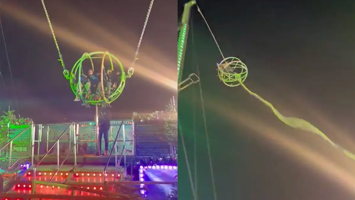 Elastiek Slingshot attractie in 'A Hyde Park Winter Wonderland' in Londen breekt af