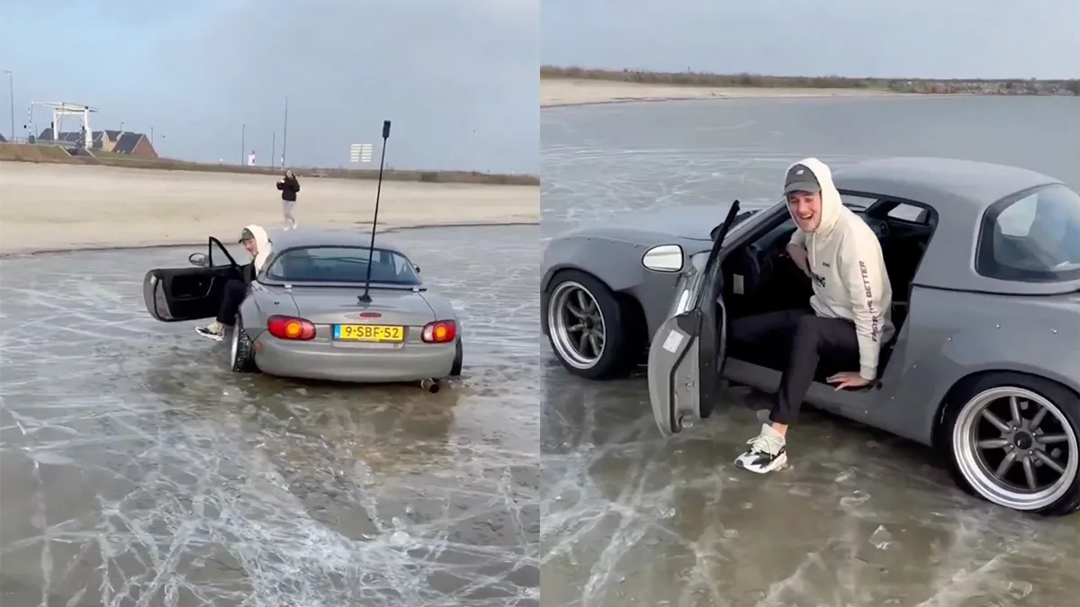 Youtuber Boaz zakt met zijn auto door het ijs