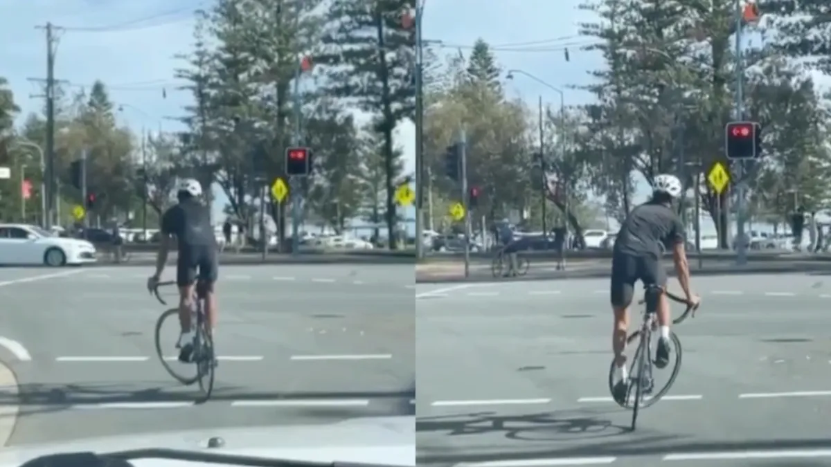 Wielrenner had het bijna allemaal onder controle tijdens wachten voor verkeerslicht