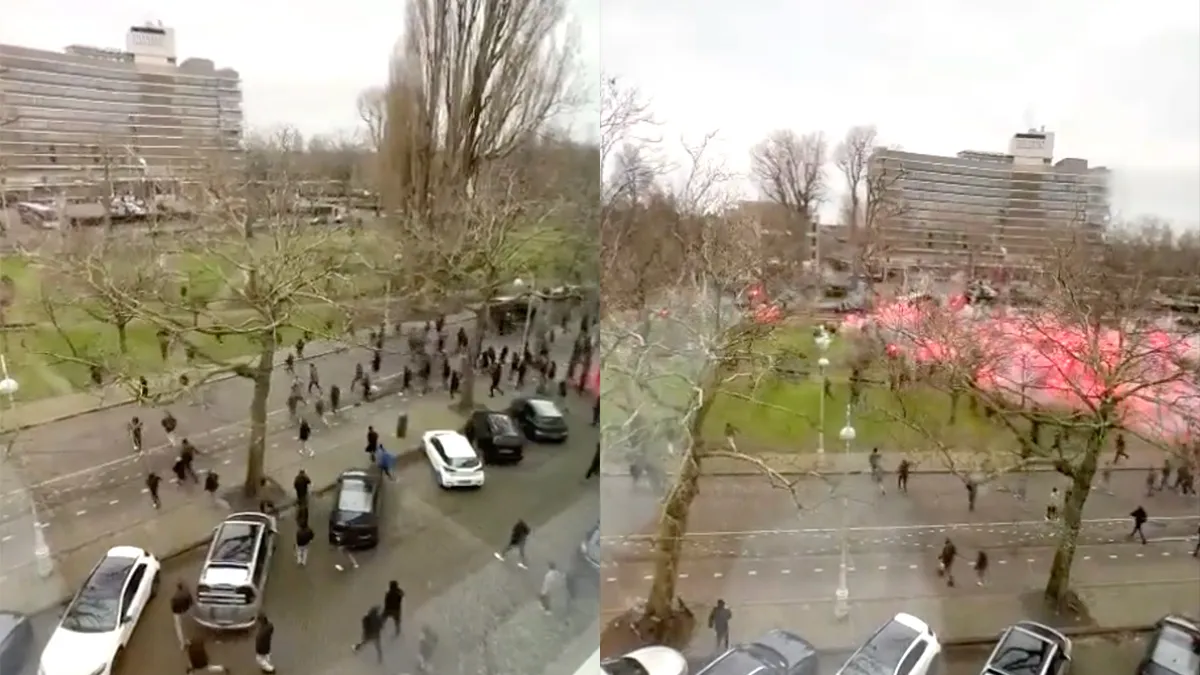 Harde kern zwaait Ajax bus uit met het nodige vuurwerk