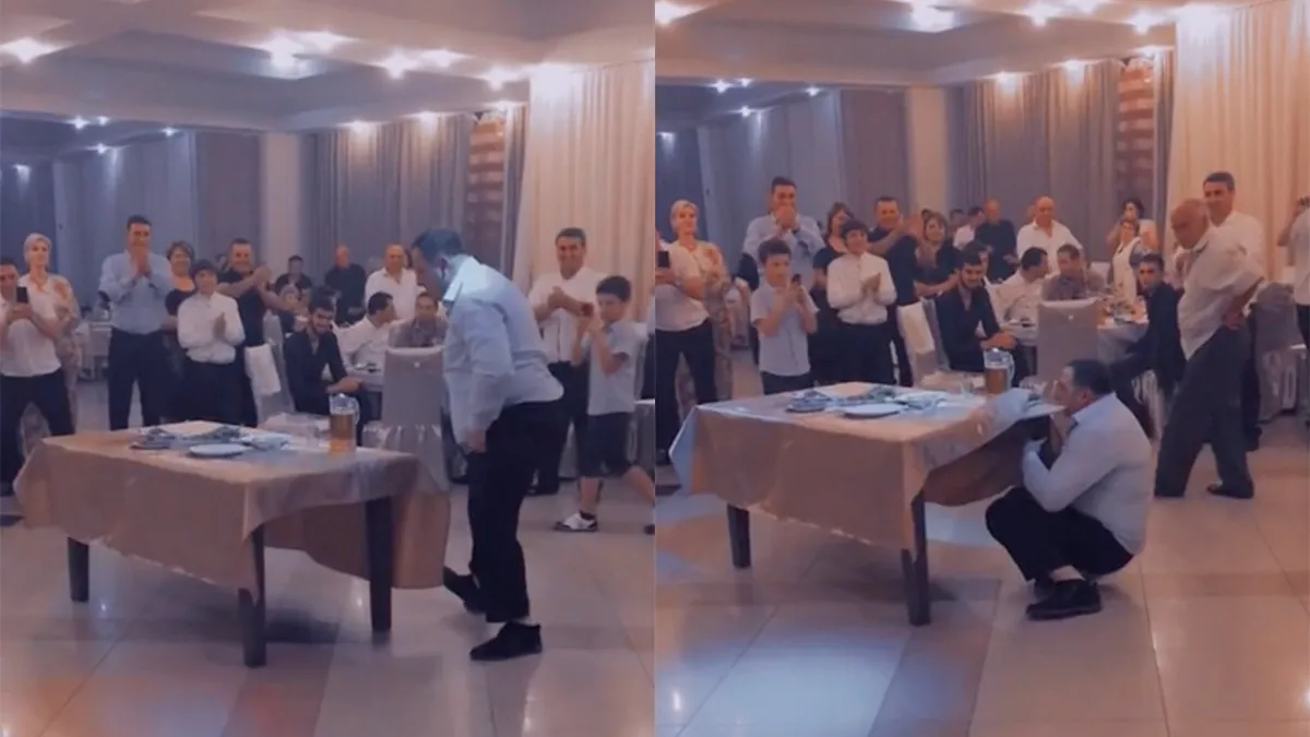 Tafel met tanden tillen op bruiloft in Georgië