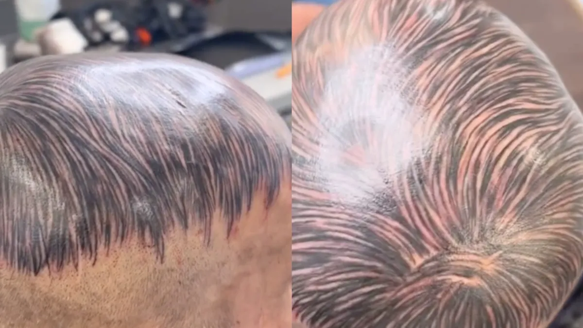 Gast heeft een kapsel laten tatoeëren op zijn kale kop