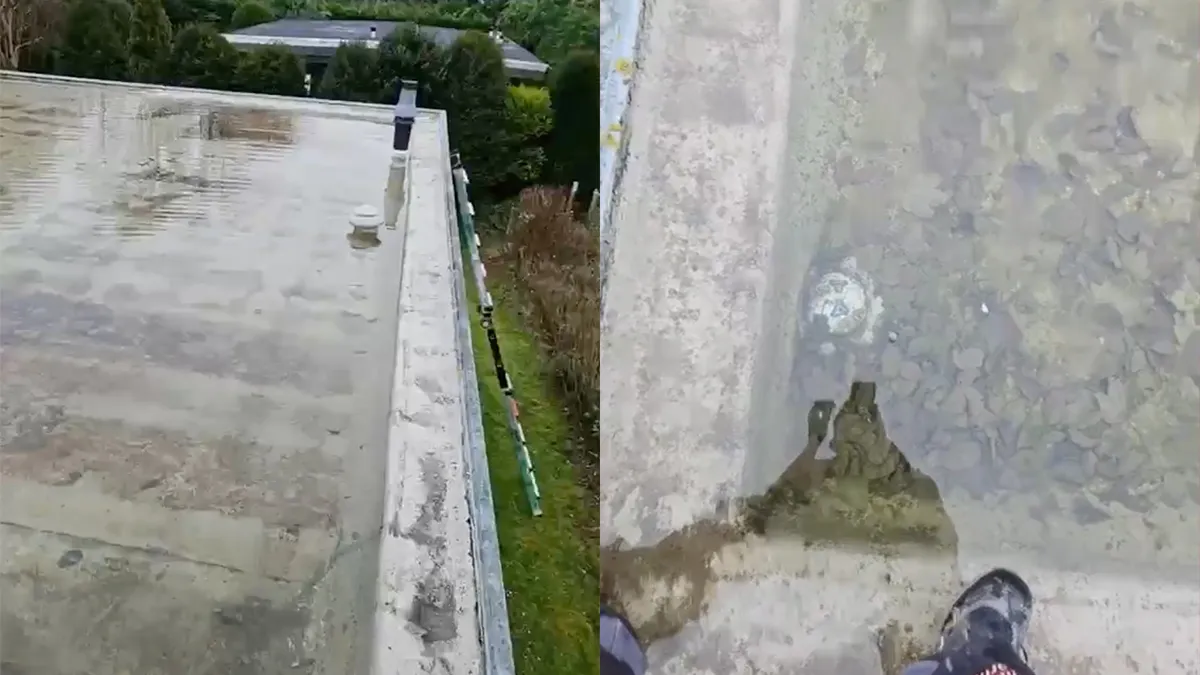 Balletje in afvoer zorgt voor zwembad op het dak