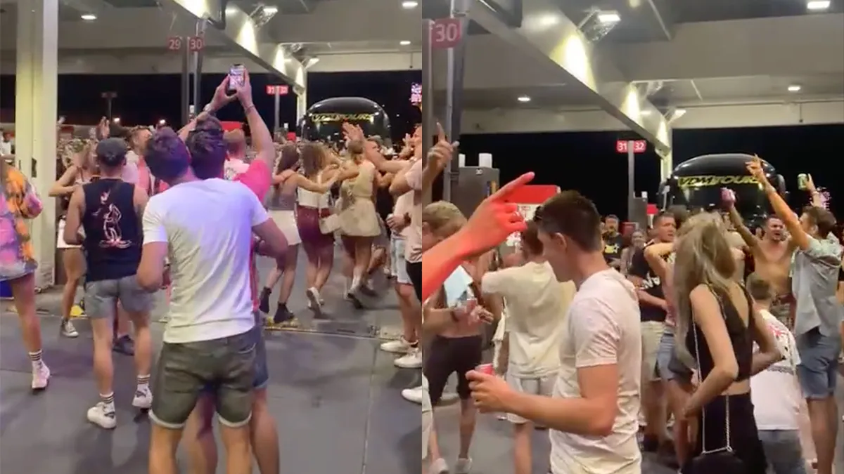 Feestvierders van feestbus nemen benzinepomp over en vieren feestje