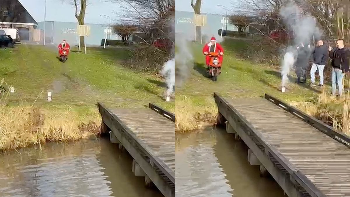 Ondertussen in Oude Pekela: Kerstman gaat op scooter het ijskoude water