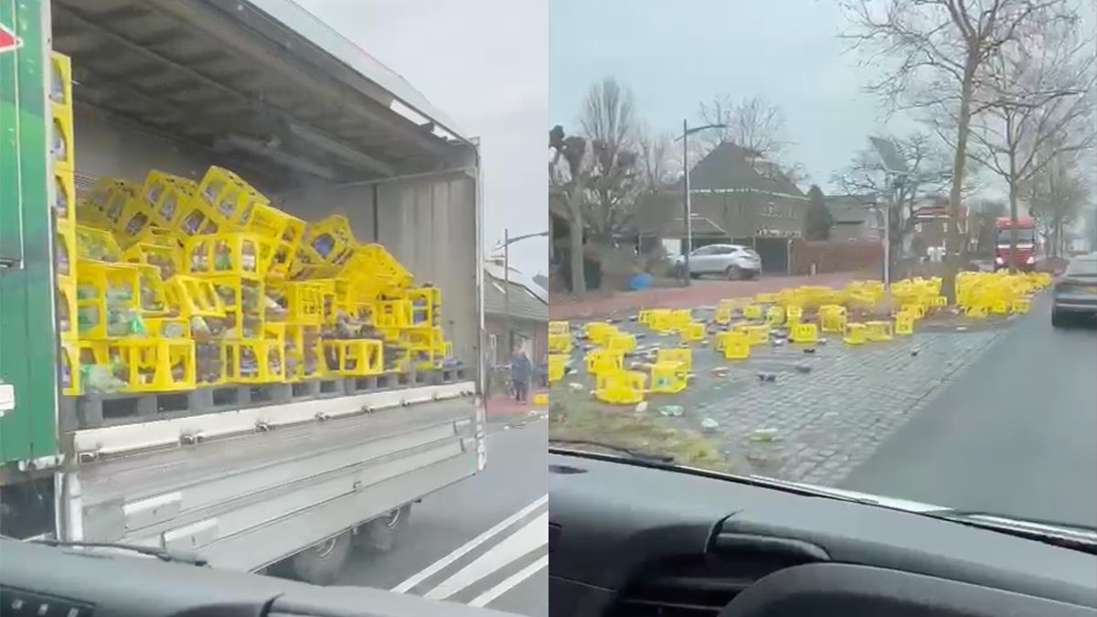 Ondertussen in Sint Hubert: Vrachtwagen verliest honderden kratten vol flessen drank