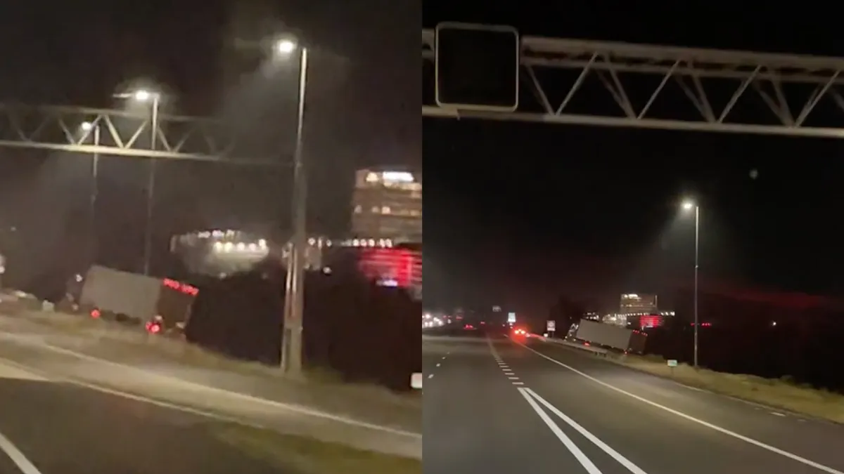 Vrachtwagenchauffeur is moe of weet een snellere weg door de berm