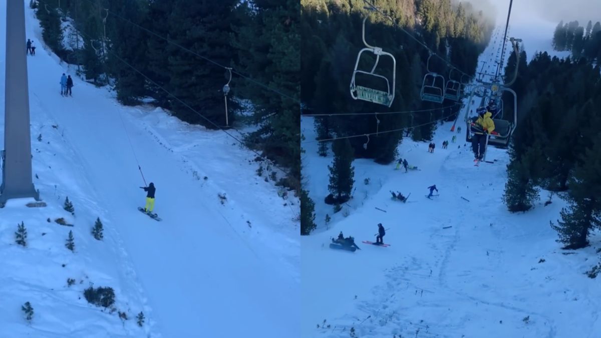 Snowboarder kegelt even de sleeplift leeg na valpartij