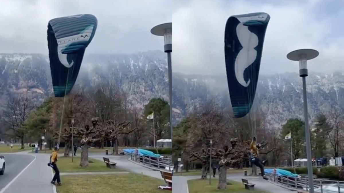 Gast vertrekt vanuit stand met zijn paragliding parachute