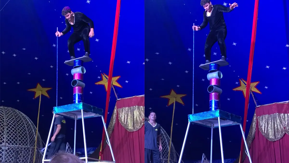 Circusartiest laat paal op hoofd van hulpje vallen