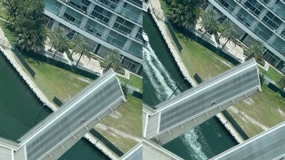 Voetganger maakt brug in Miami wel heel erg spannend
