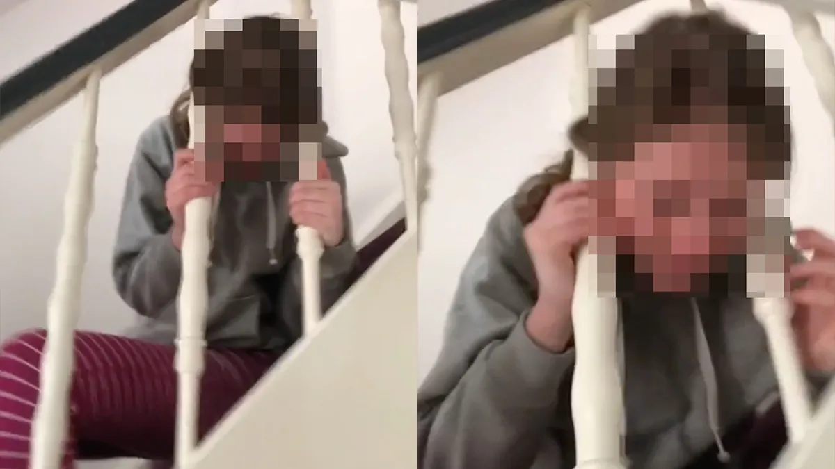 Zus zit vast tussen de trap en wel duidelijk wie de slimste zus is