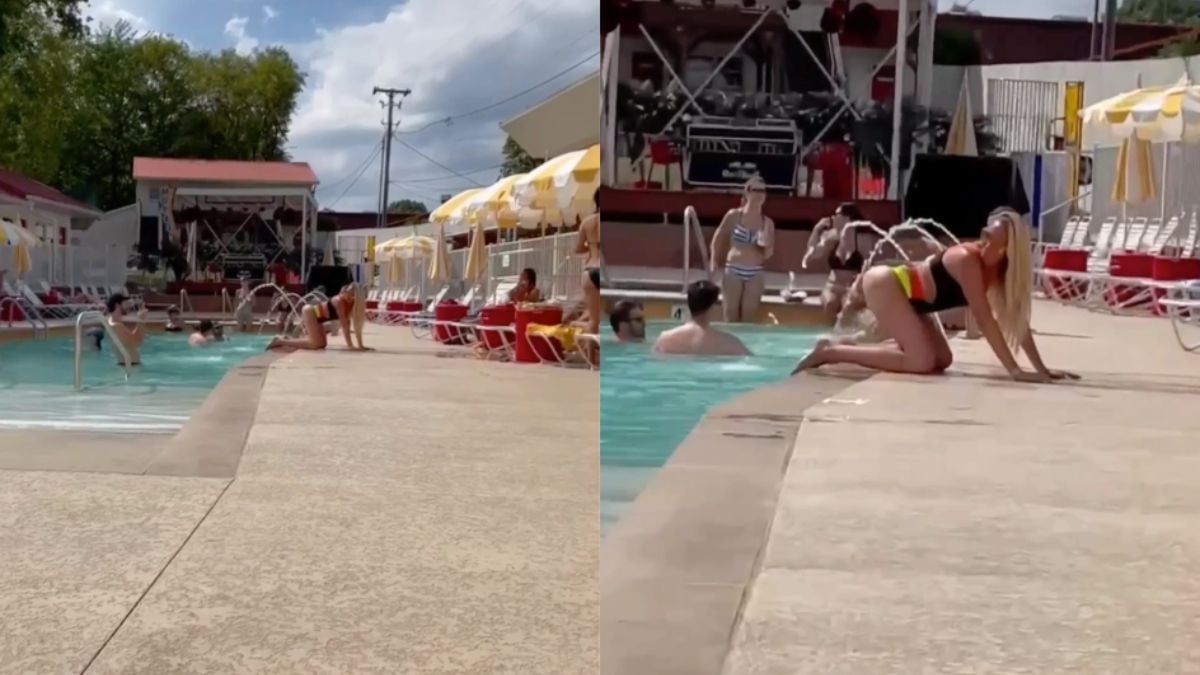 Influencer snoeihard aan het werk met fonteintje aan het zwembad