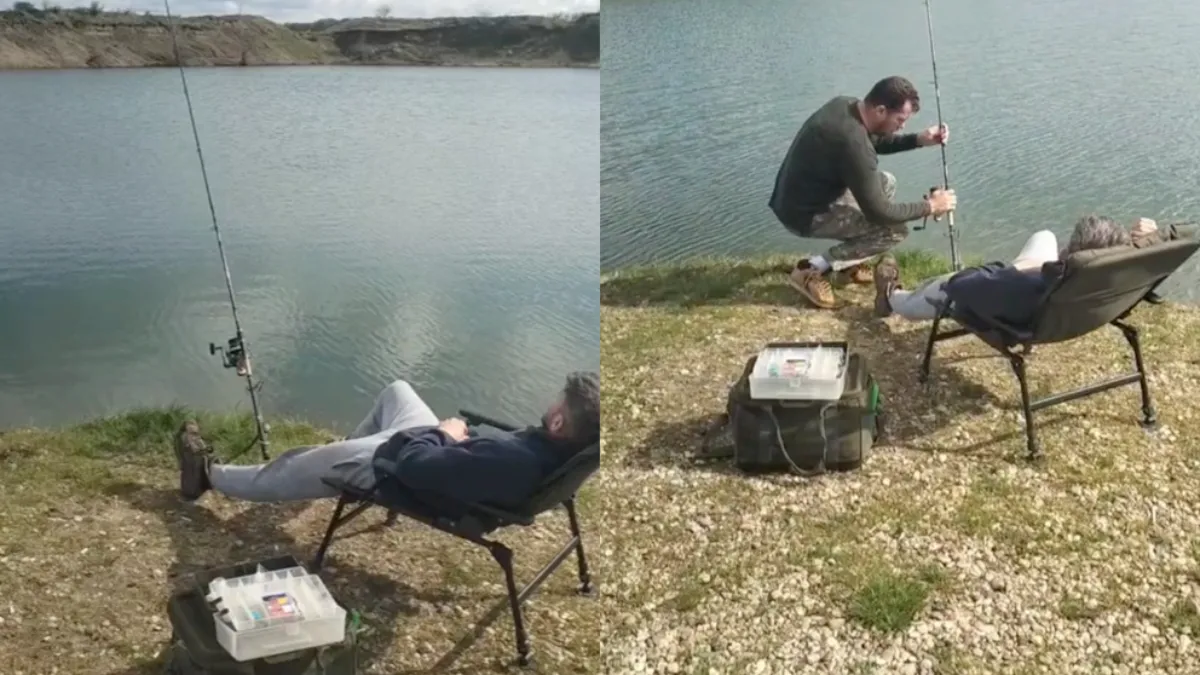 Hele ontspannen sportvisser heeft vlieger beet na prank