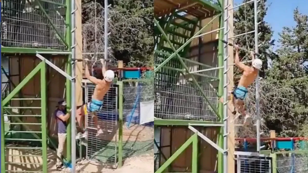 Bouwvakker doet hele stevige zalm ladder work-out in de baas zijn tijd