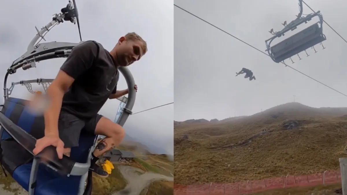 Max Malone verbannen uit lift waar hij uit sprong in Queenstown, Nieuw-Zeeland