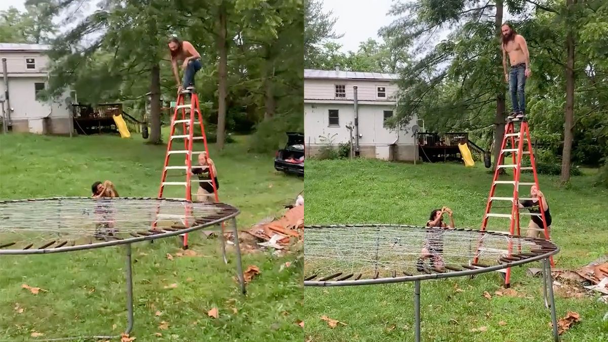 Jackass in de achtertuin: Springen op trampoline van prikkeldraad