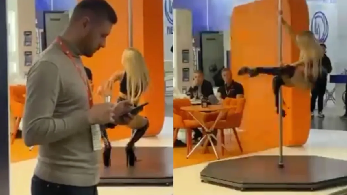 Misschien is een paaldanseres een beetje een misplaatste act voor tijdens een bouwbeurs