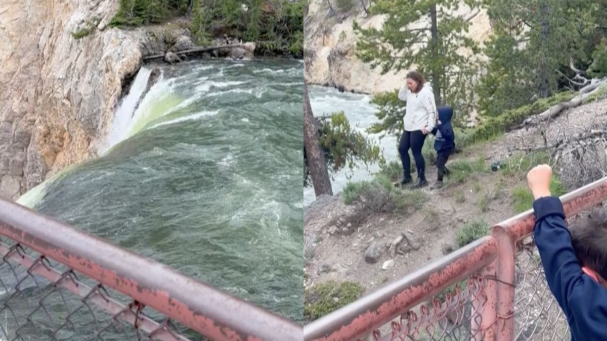 Moeder van het jaar leert kind lak te hebben aan het hek bij waterval in Yellowstone