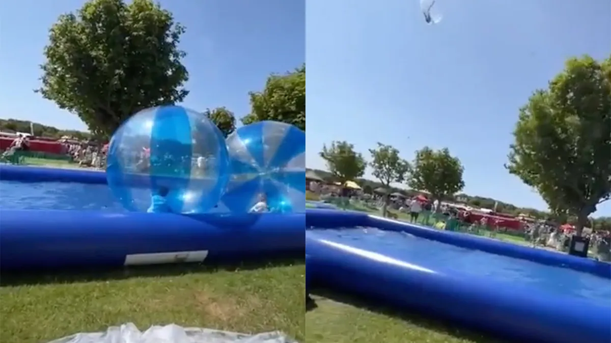 Harde windstoot geeft vliegles aan jongen in opblaasbare bal