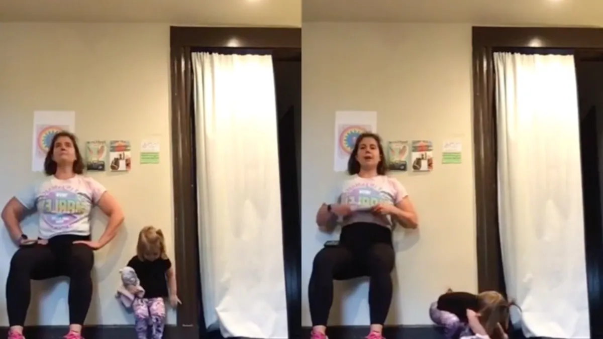 Hippe wall sit oefening verliep toch niet helemaal vlekkeloos bij kleine meid