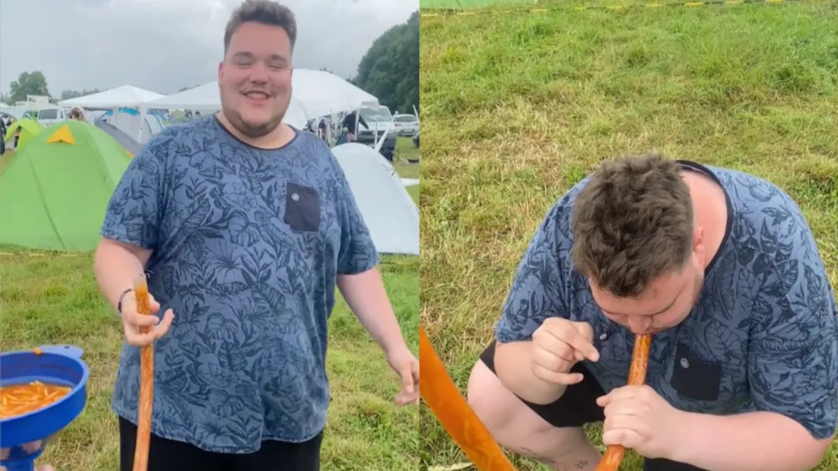 Gretige Duitser krijgt trechter vol spaghetti en bier op festivalcamping 