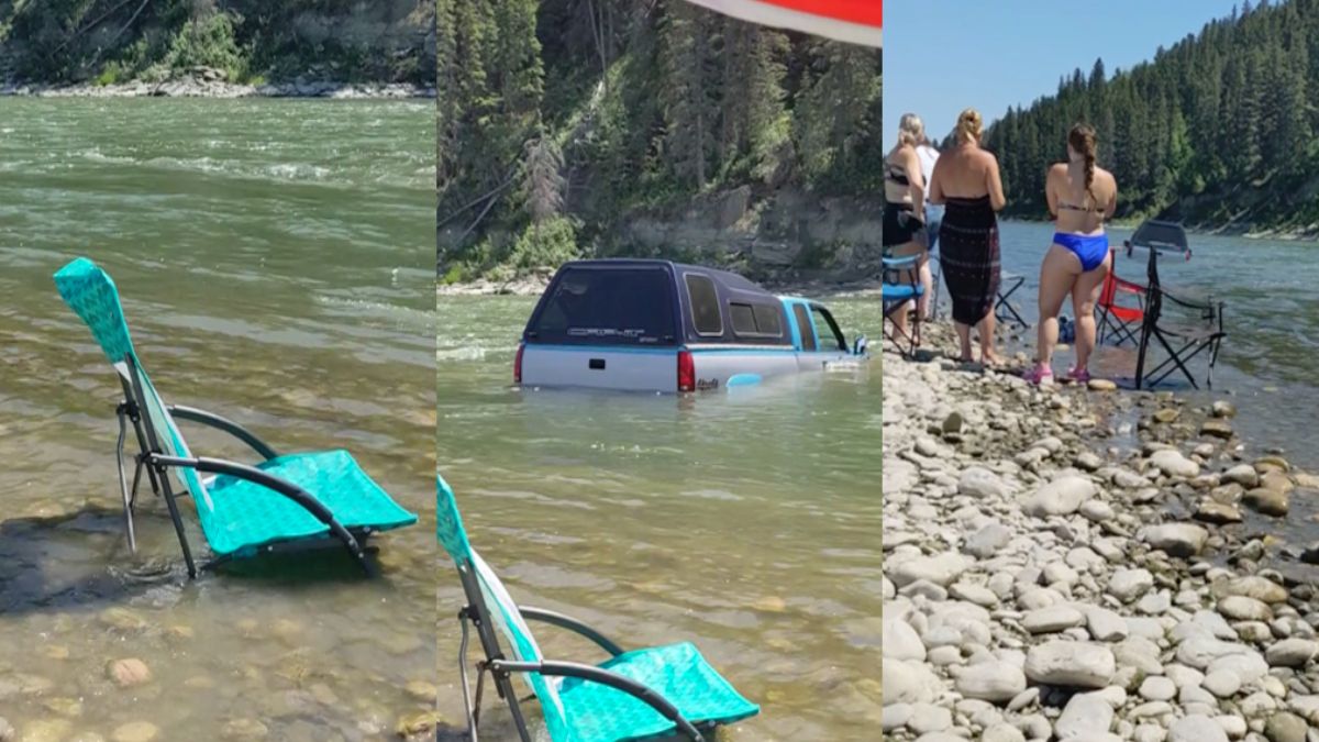 Iemands auto stroomt lekker met de rivier mee in Canada
