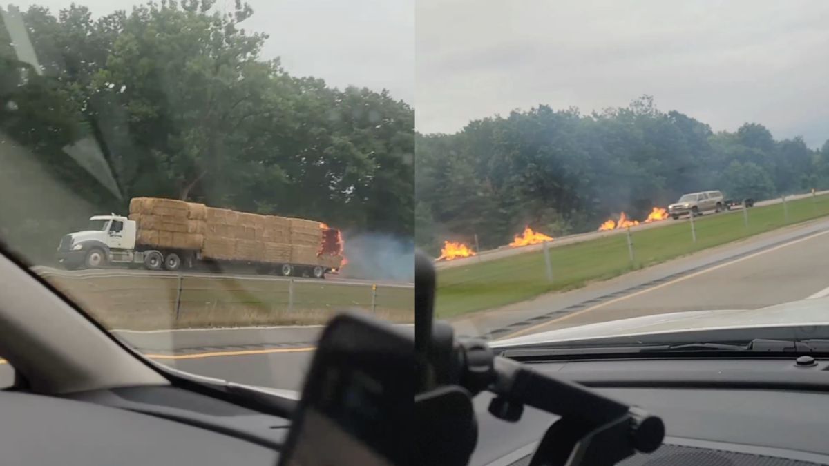 Vrachtwagen met brandende hooibalen laat spoor van vuur achter