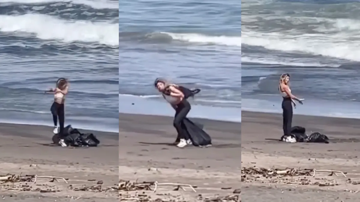 Influencer doet alsof ze het strand aan het opruimen is