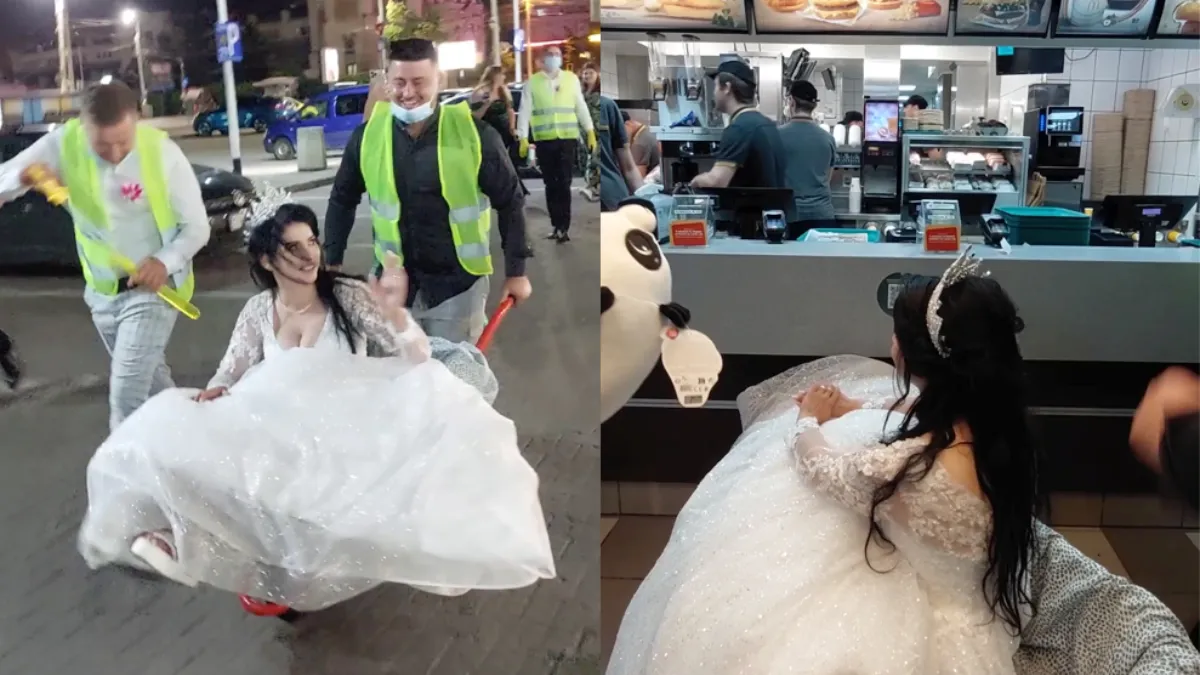 Na de huwelijksvoltrekking eerst maar even in de kruiwagen naar McDonald's