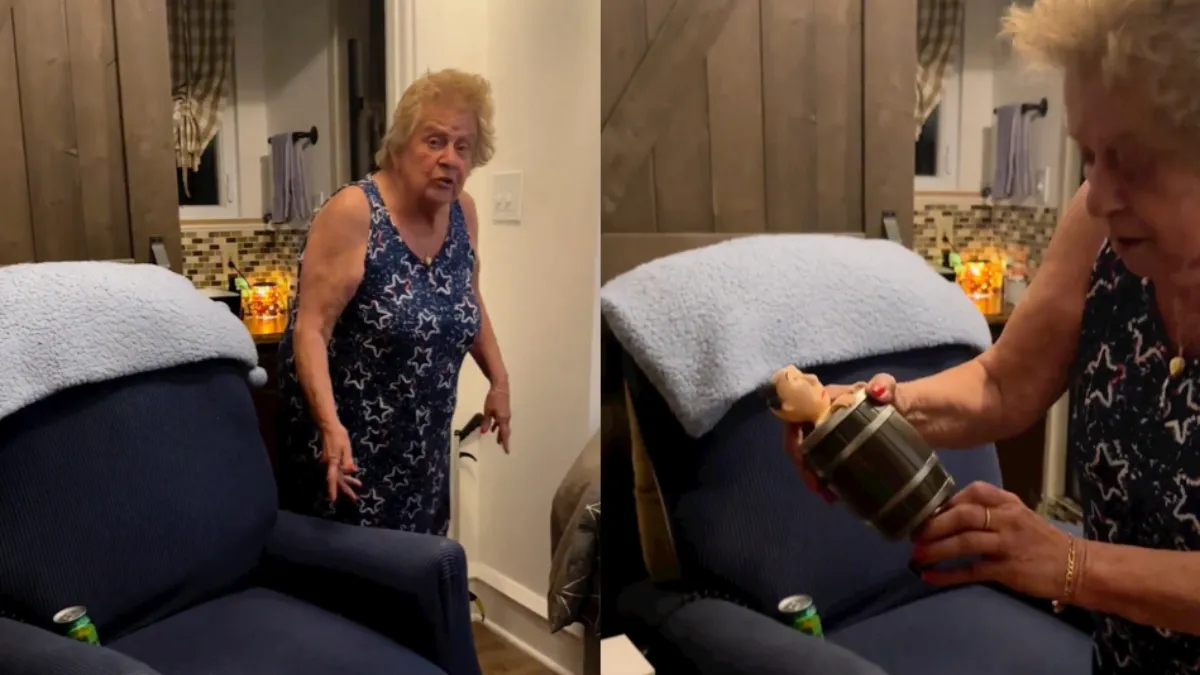 Oma krijgt sigaretje van haar boytoy