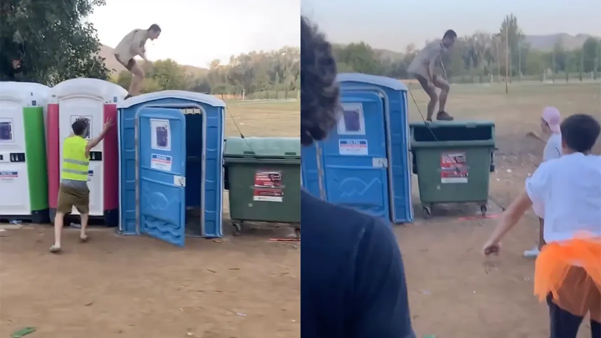 Beschonken man loopt over wc's en tuimelt mooi vuilniscontainer in