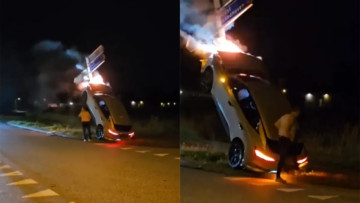 Bestuurder parkeert auto verticaal tegen paal in Best, auto vliegt ook nog eens in de fik