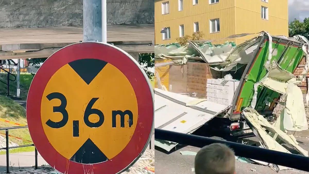 Chauffeur in Zweden dacht wel dat hij onder viaduct door kon, dus niet