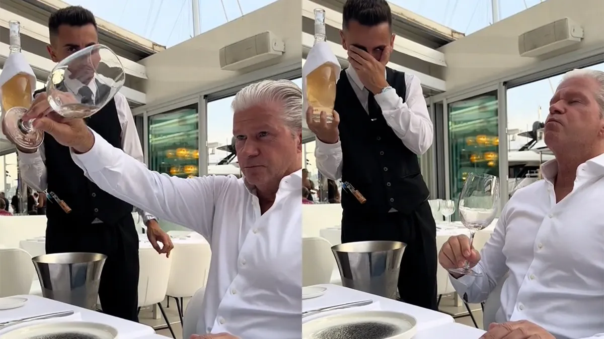 Ober neemt wijnkenner Dries Roelvink niet serieus en barst in lachen uit