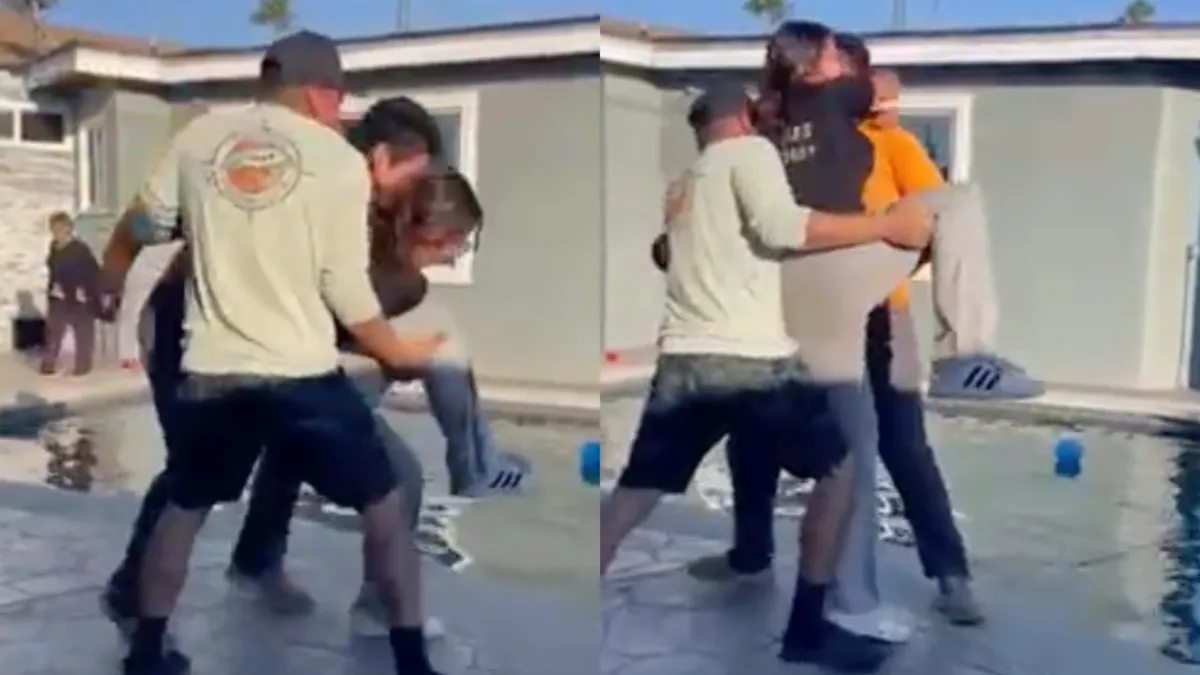 Lachende derde laat anderen nat pak halen