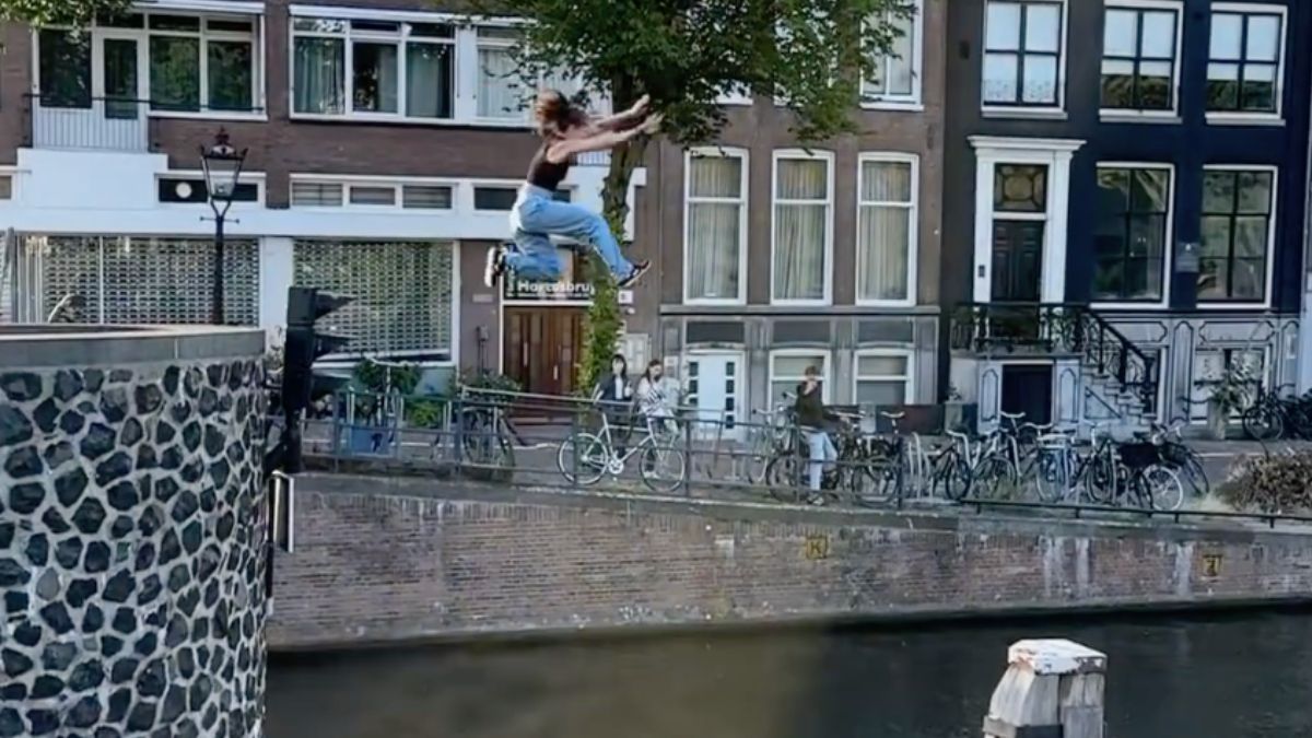 Parkouratleet Lola Roy deed een dappere poging tot wereldse sprong in Amsterdam