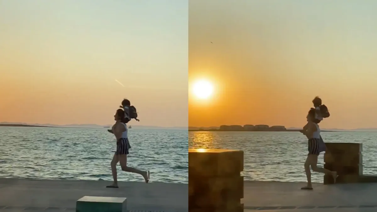 Moeder en kind lekker aan het hardlopen in La Paz, Mexico