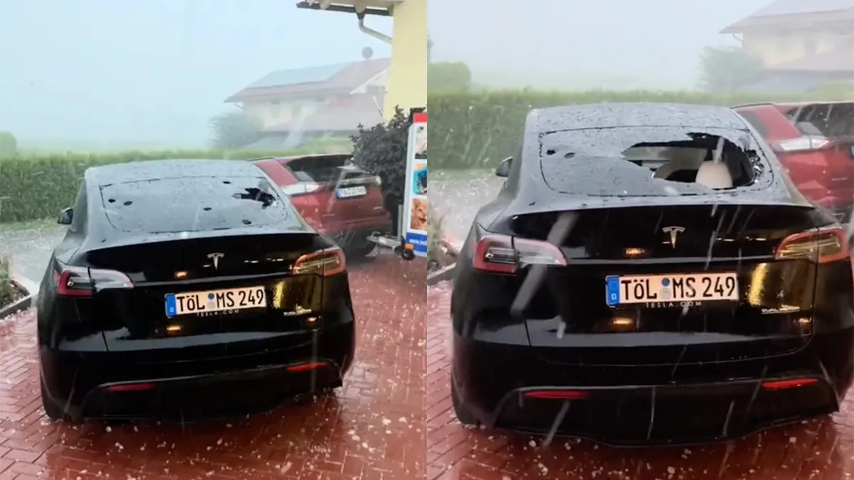Een fikse hagelbui is niet goed voor je Tesla