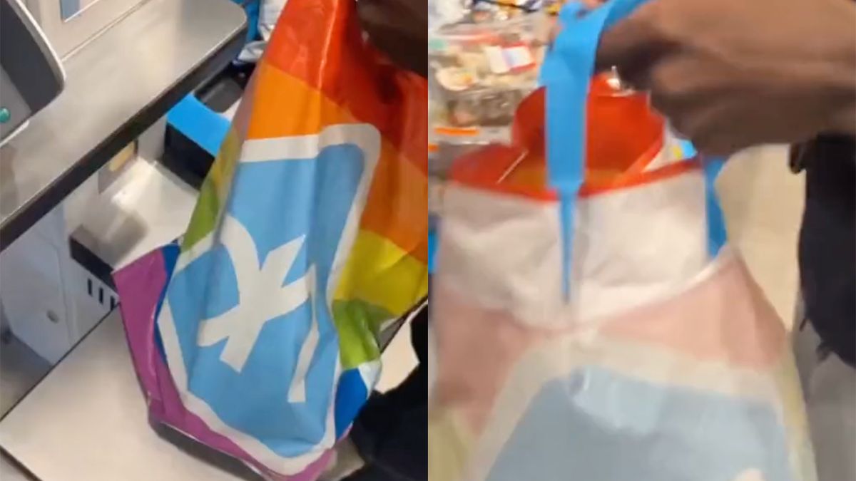 Man wil niet lopen met Albert Heijn regenboogtas en draait deze binnenstebuiten